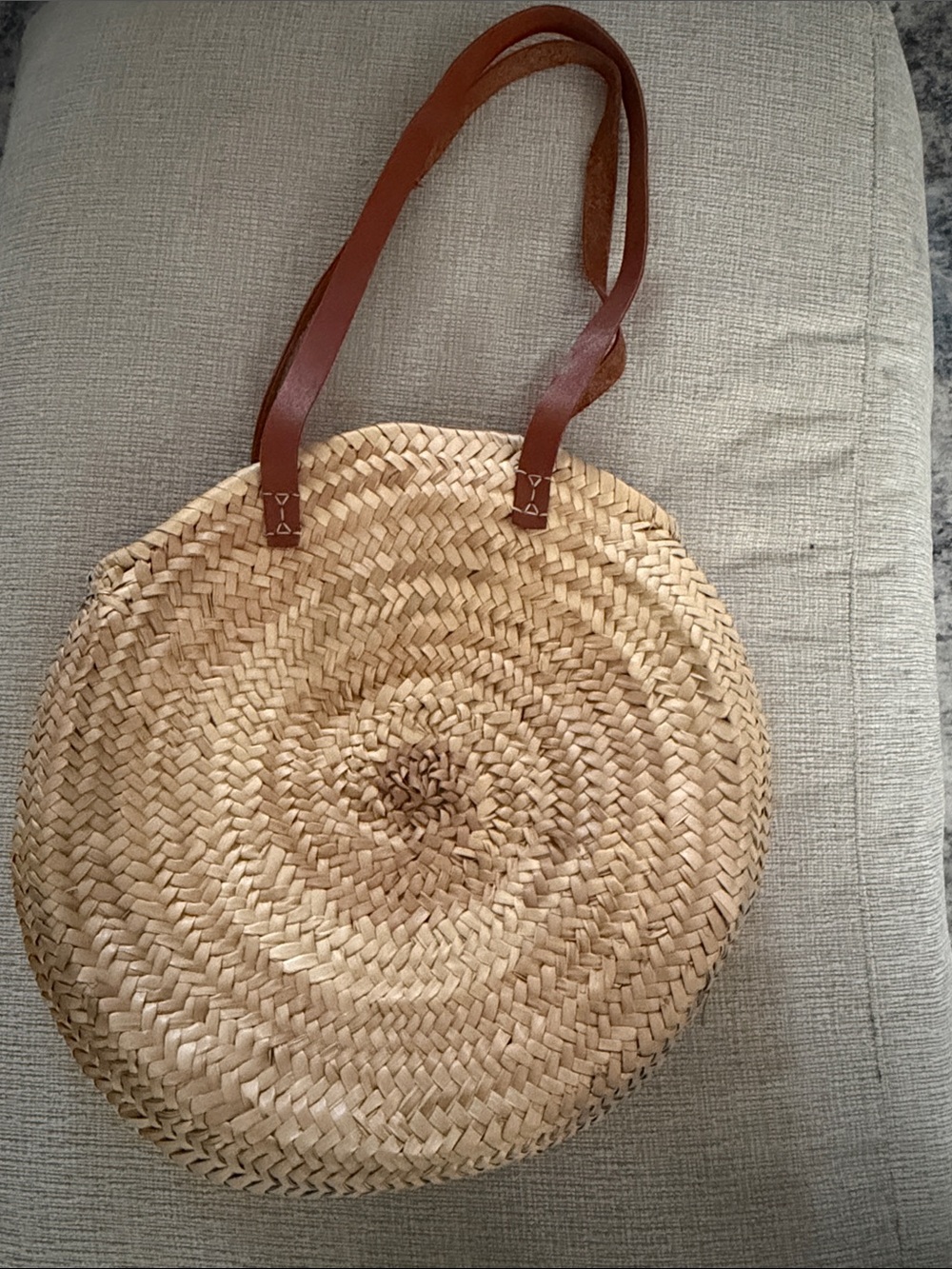 Straw Circle Tote with Brown Leather like Straps